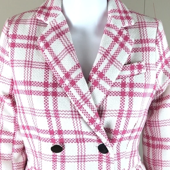 Rachel Zoe Hot Pink and White Tweed Plaid Double Breasted Jacket Blazer - Picture 3 of 16
